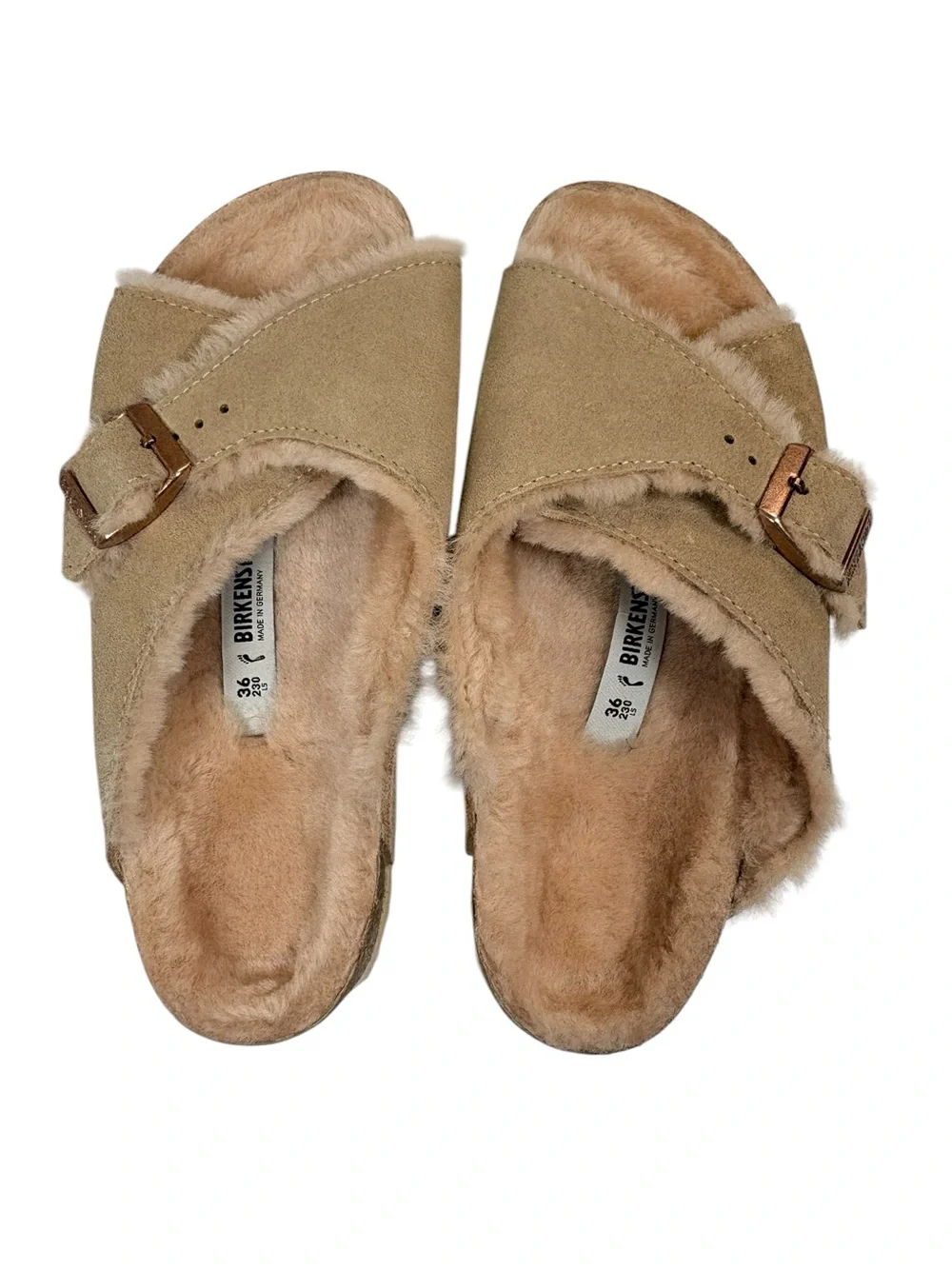 Birkenstock Arizona Shearling Suede Sandals Taupe Mink Fur Lined EU36 US 5-5.5